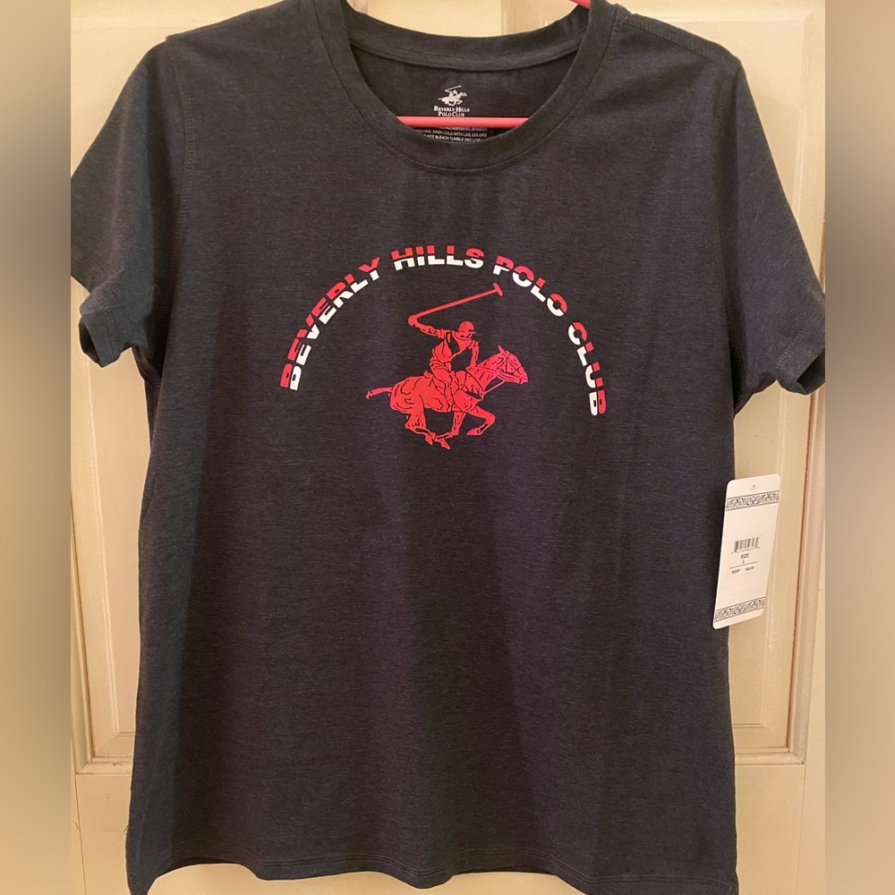 NWT Beverly Hills Polo Club Charcoal Tee with Pink Logo